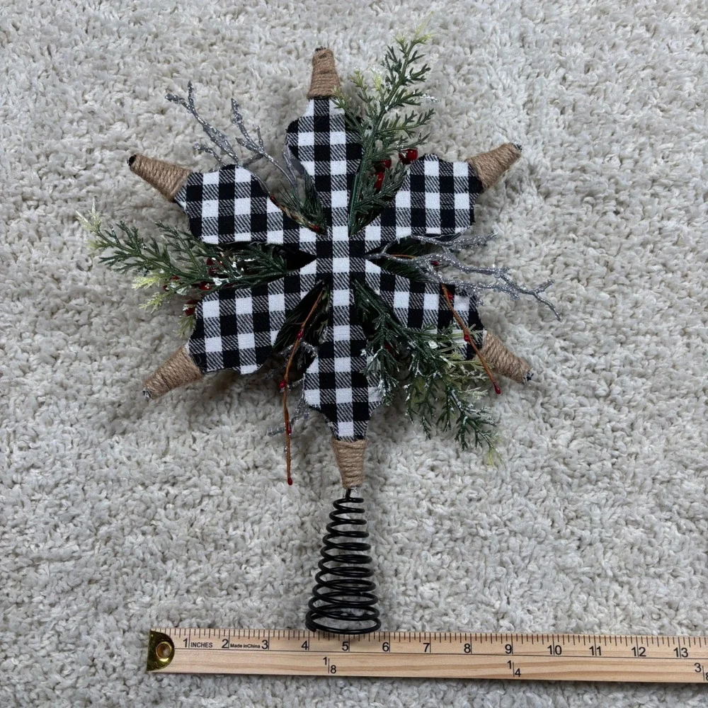 Farmhouse Buffalo Plaid Star Tree Topper Black‎ White Rustic Christmas Decor